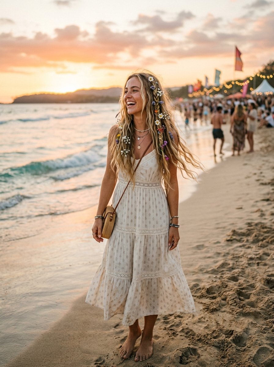 Smiling blonde woman with hair braided with flowers walking on sandy beach during golden hour.