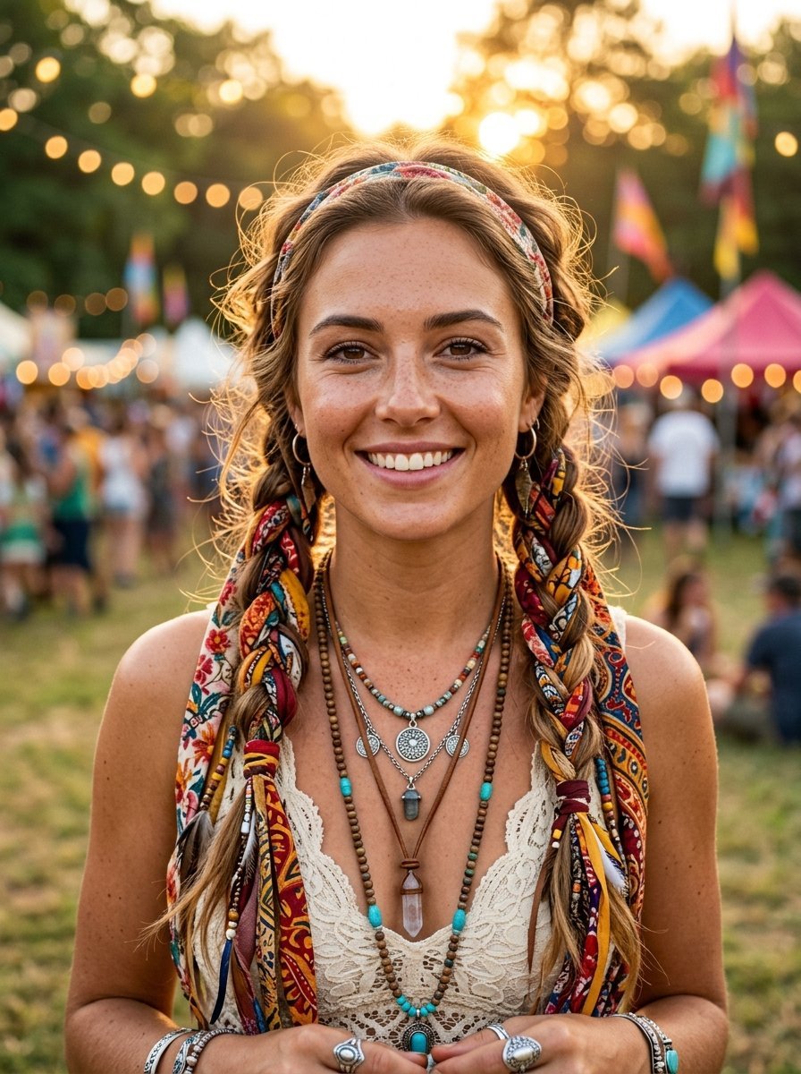 Portrait of a woman wearing boho braids and stacked crystal necklaces at an outdoor music event.