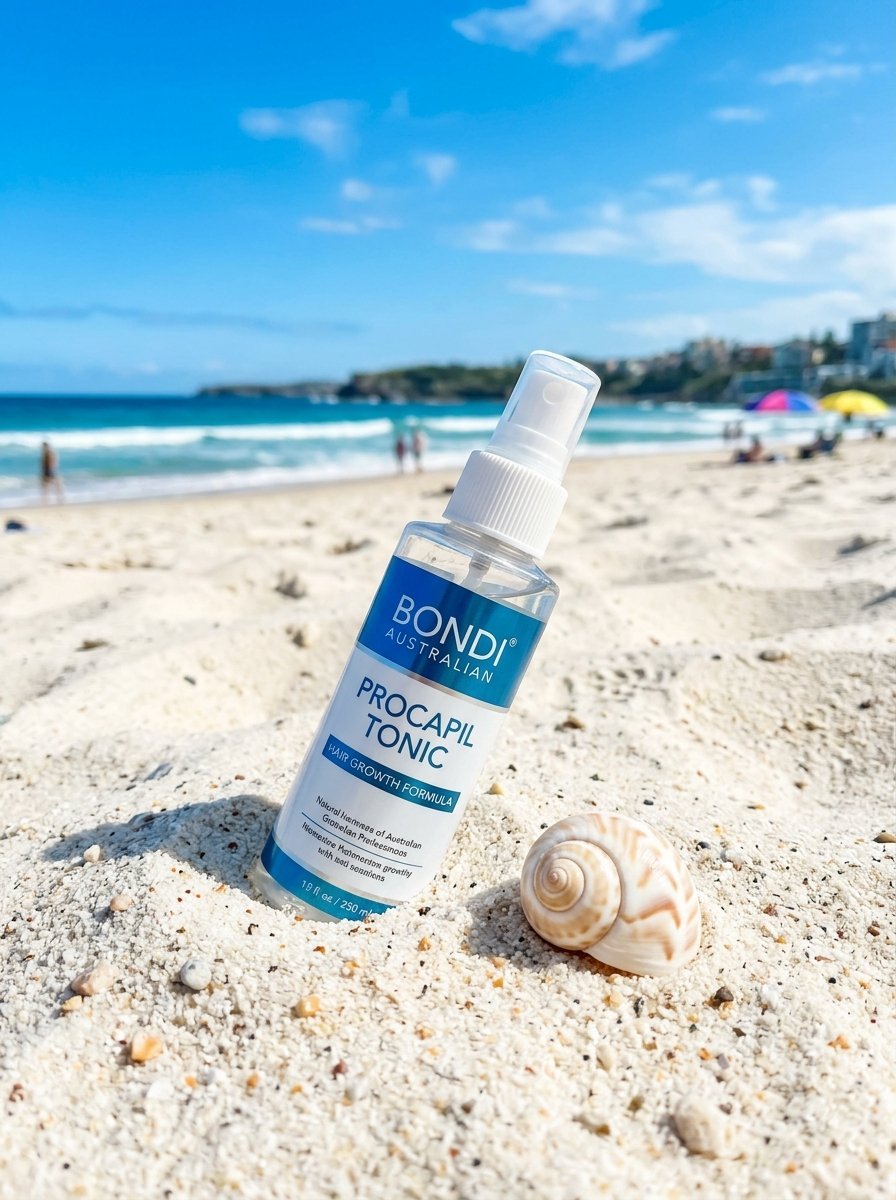 A hair growth spray bottle and a seashell resting on sandy shore with ocean and blue sky in background.
