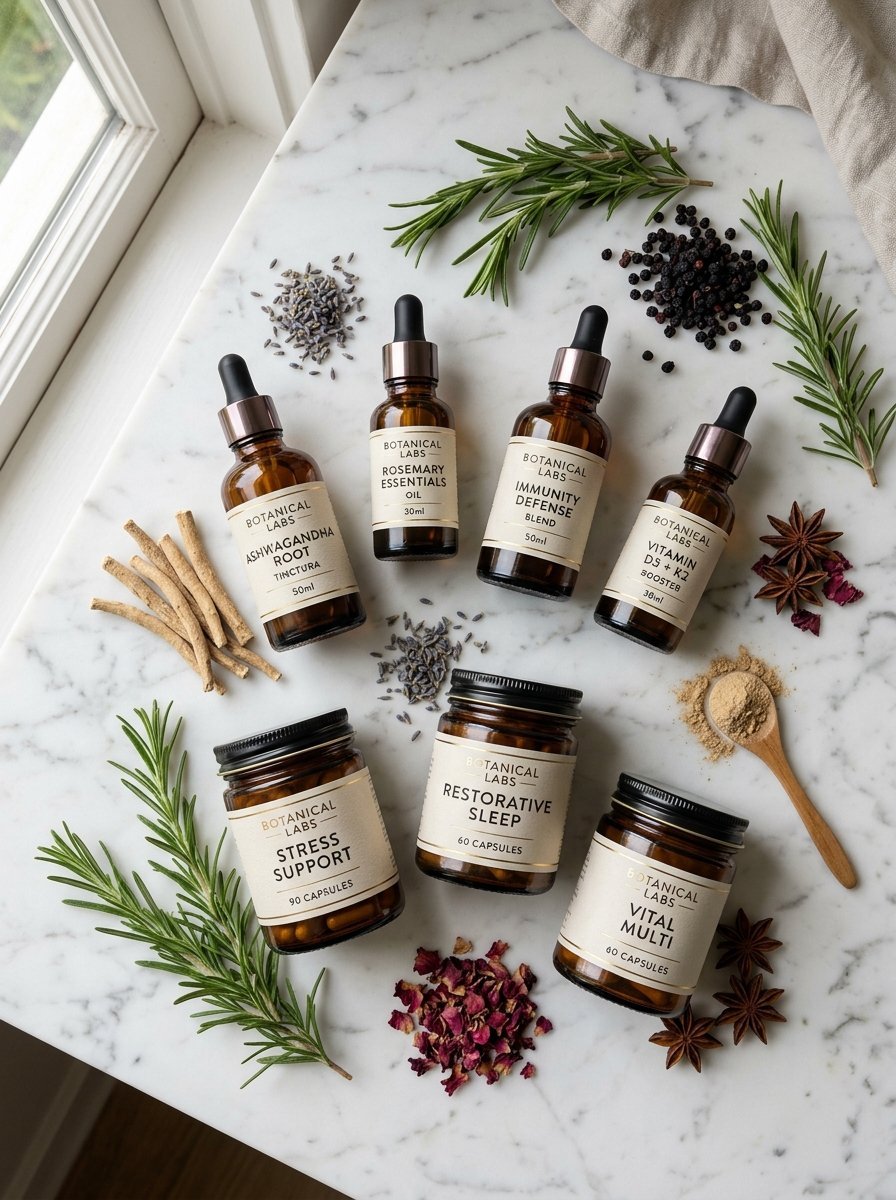 Top-down view of amber glass tincture bottles and supplement jars arranged on a white marble surface with botanicals.