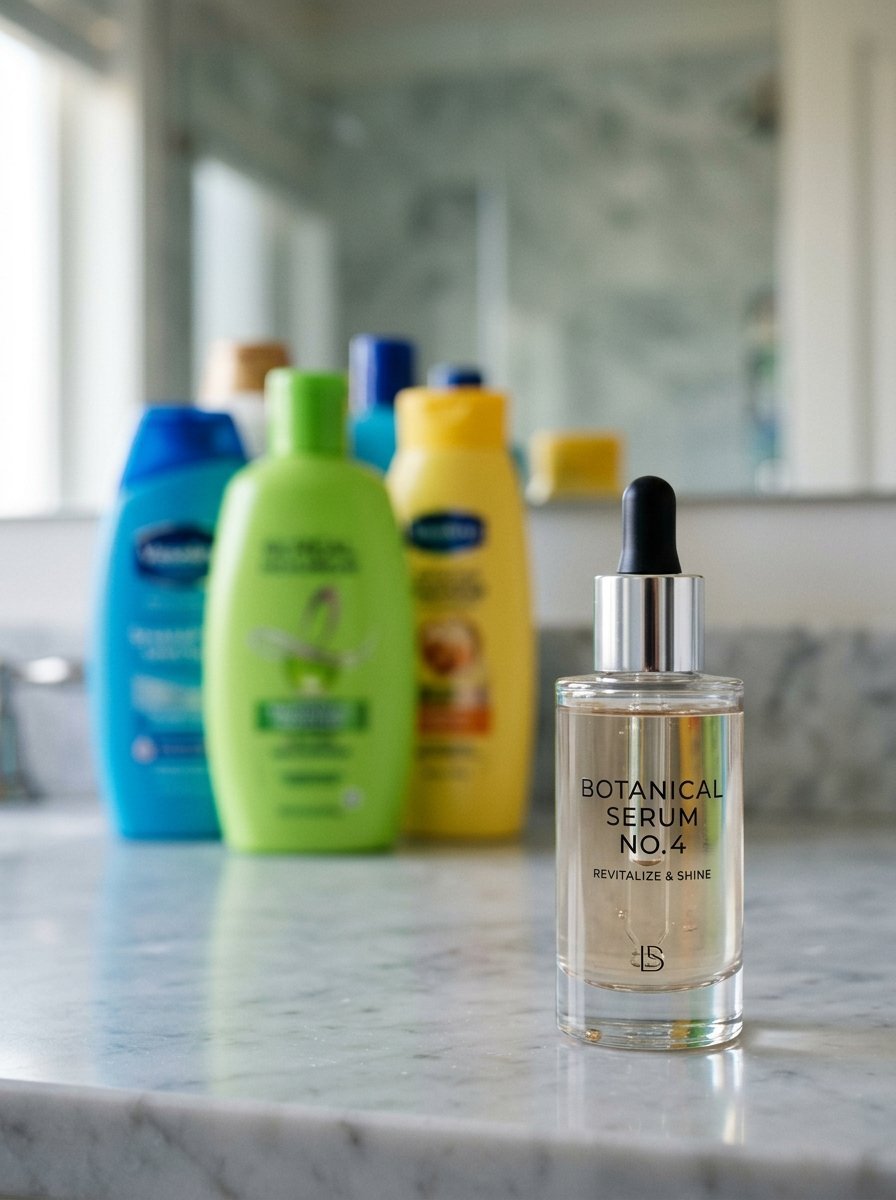 A clear facial serum bottle with a black dropper sits in front of blurred colorful shampoo and lotion bottles.