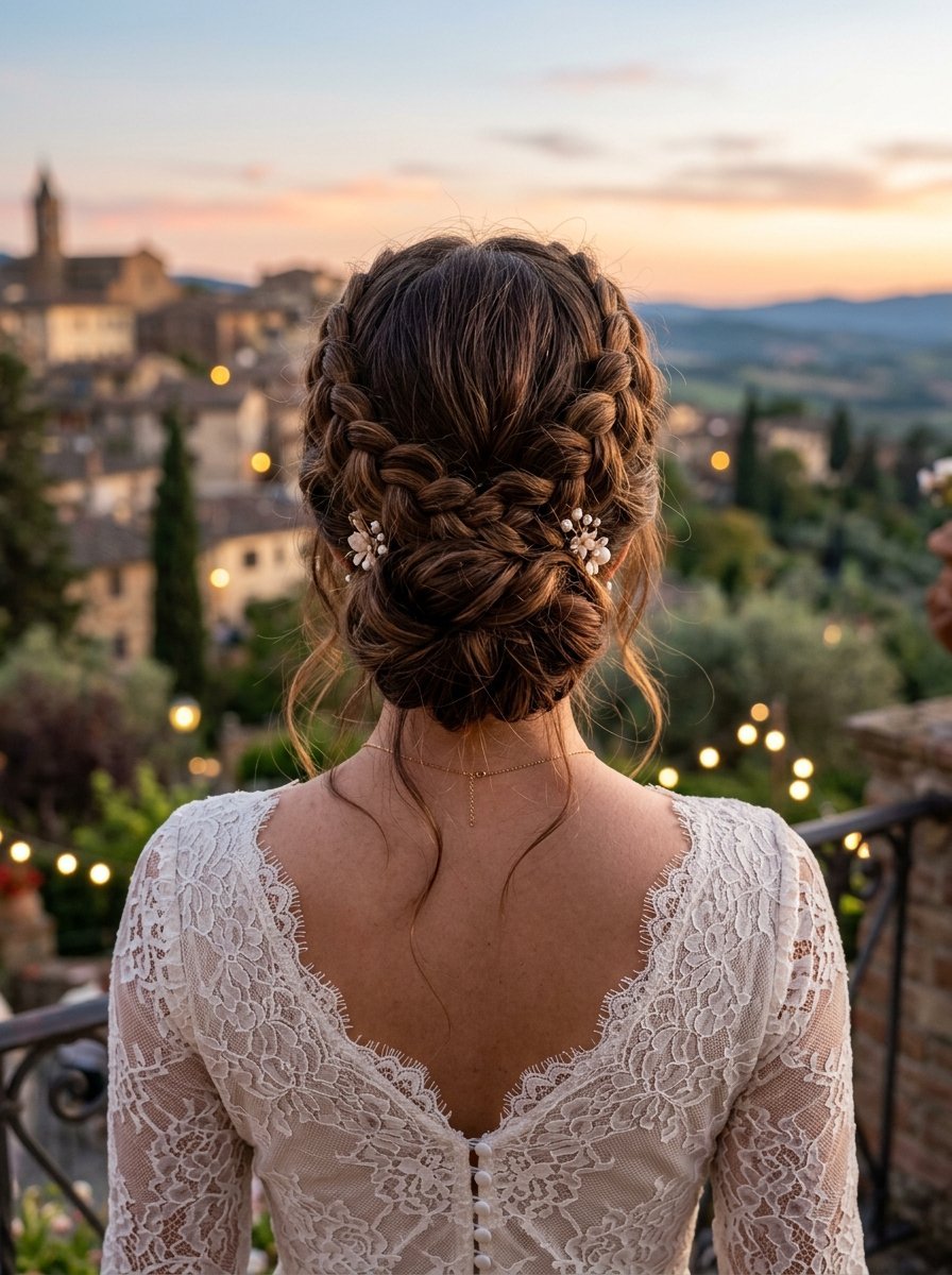 Bride in lace dress with ornate braided hair featuring floral pins at sunset overlooking a hillside town.