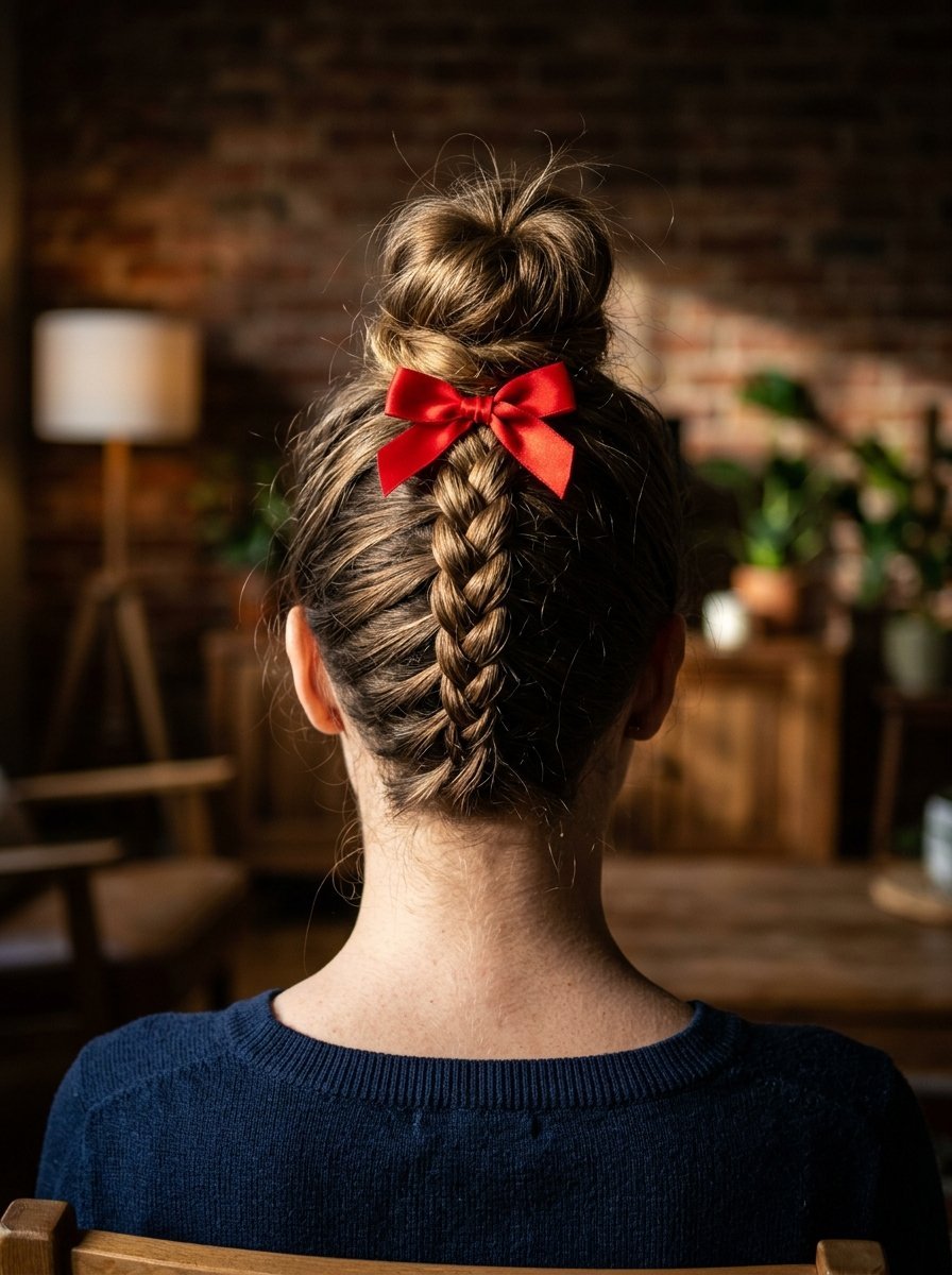 Close-up of a woman's hair styled in a French braid leading into a bun, accented with a vibrant red ribbon bow.