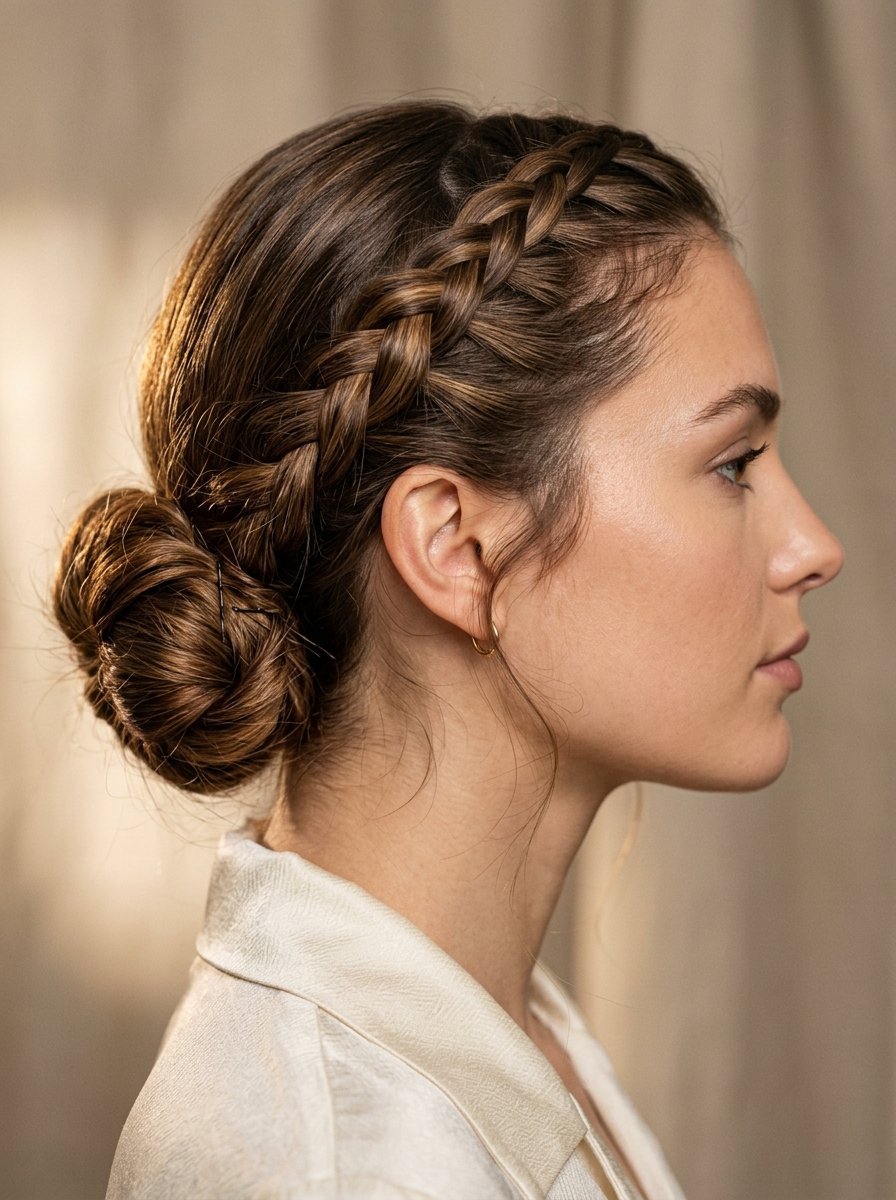 Close-up profile of a brunette woman wearing a French braid halo that leads into a messy low bun.