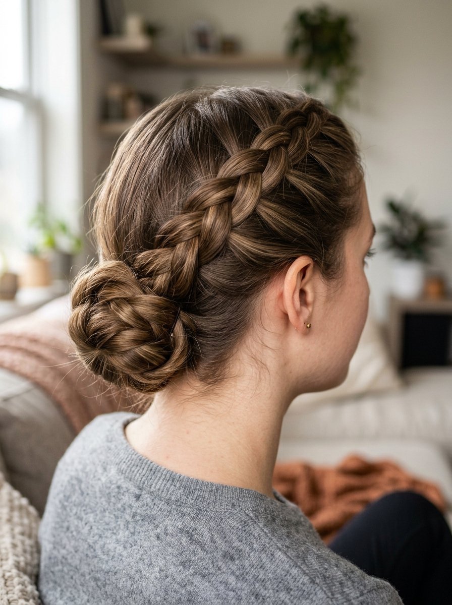 Close-up back view of a woman with light brown hair styled in a Dutch braid leading into a neat low bun.