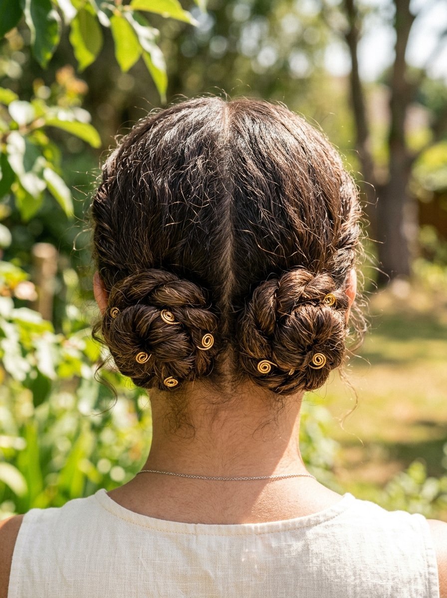 Close up rear view of brunette hair styled into two braided buns featuring small gold wire spiral accessories.