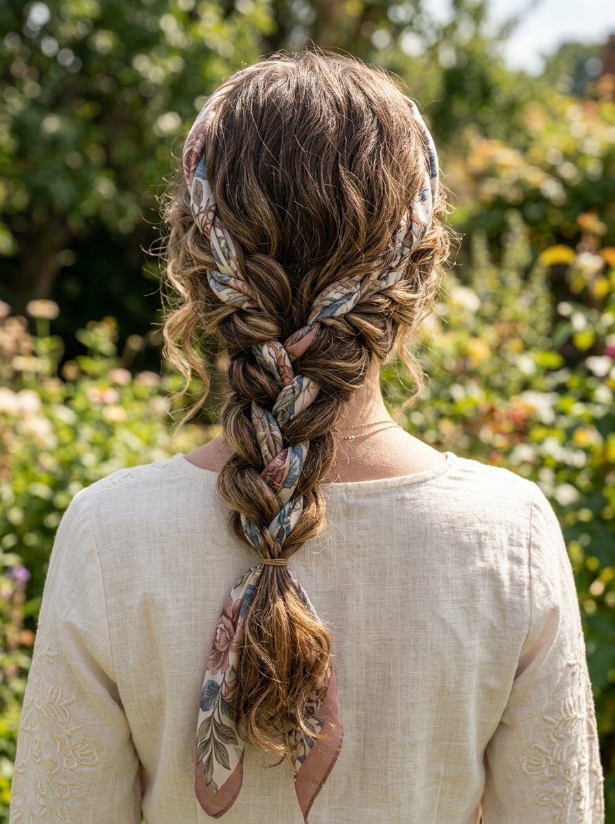 Back view of a woman with long wavy hair in a loose braid tied with a vintage-style floral patterned silk scarf.