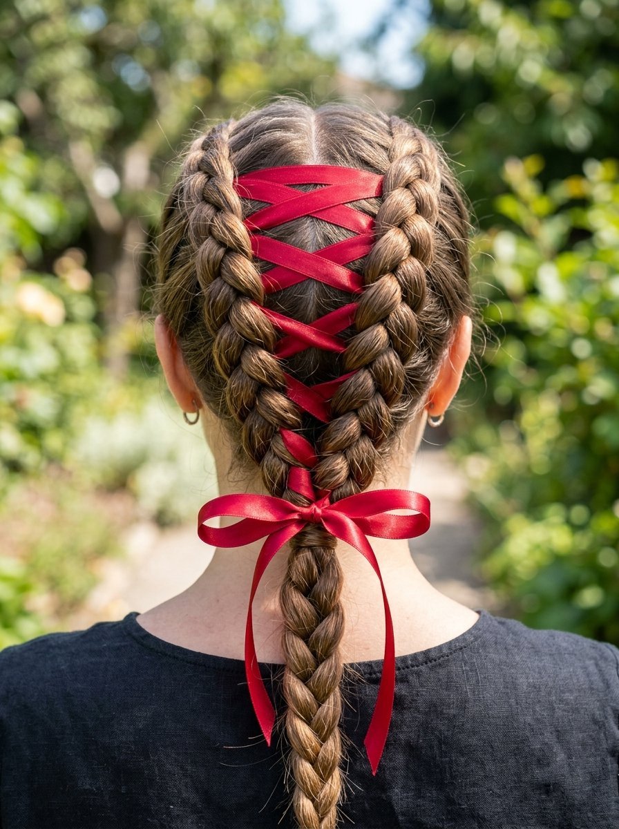 Close up rear view of a woman with braided hair styled with a crisscross red ribbon lace and a bow tie.