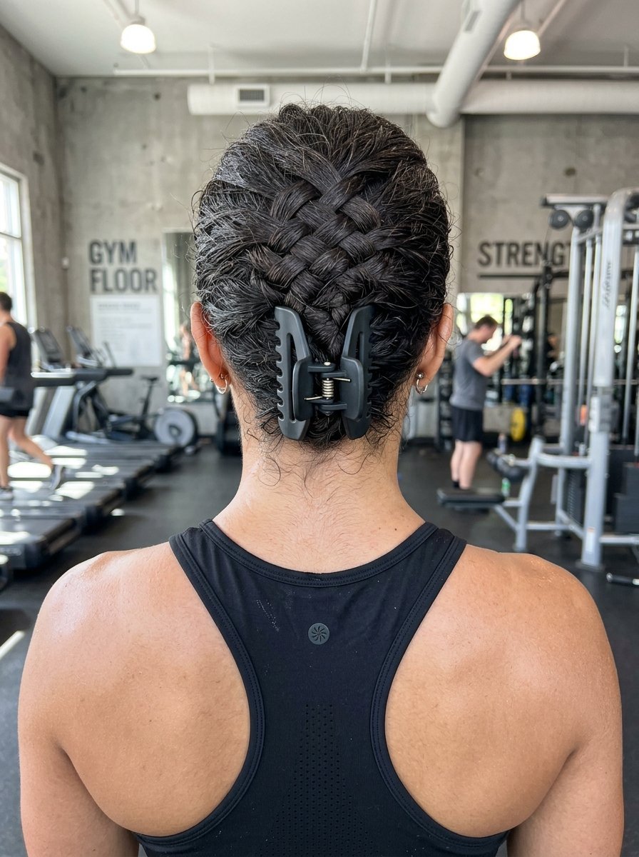 Back view of a person with dark hair in a complex braid held up by a large plastic gym hair clip.