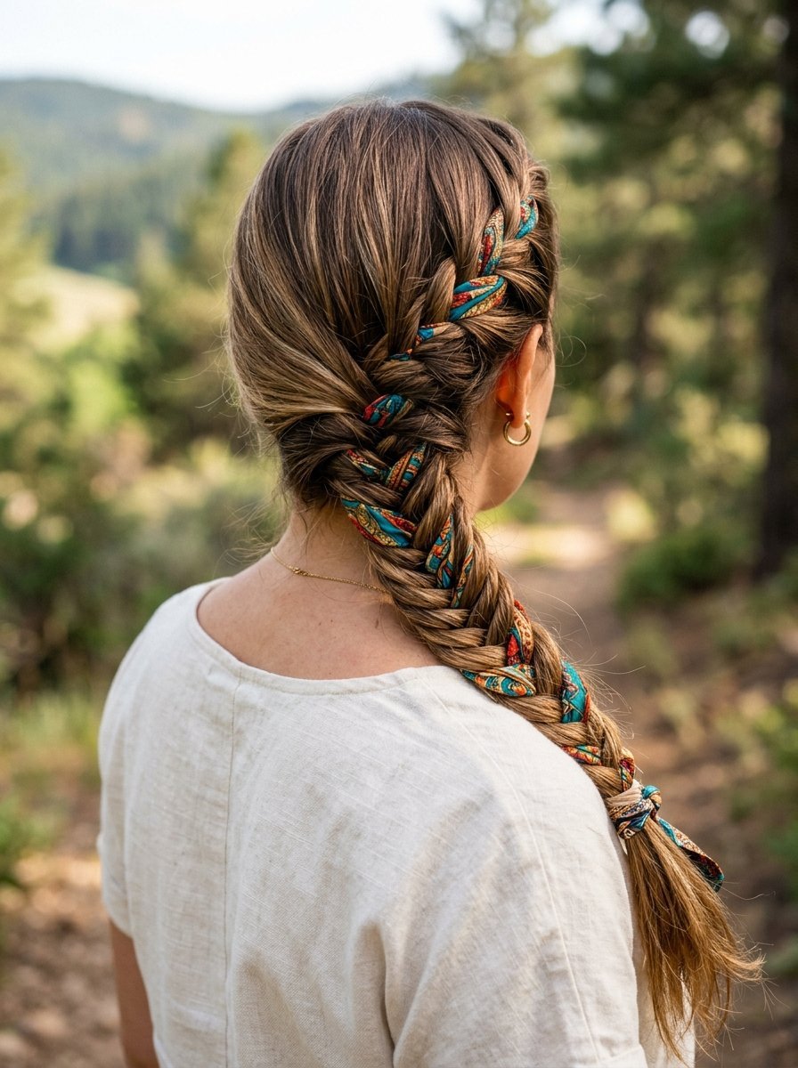 Back view of a woman with long hair in a fishtail braid incorporating a teal, orange, and gold print fabric accessory.