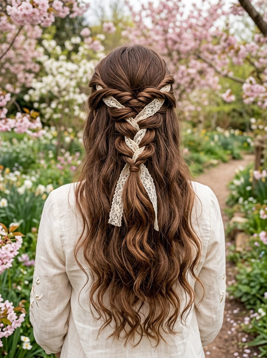 Back view of a woman with long wavy brown hair featuring a center braid woven with cream-colored lace fabric.