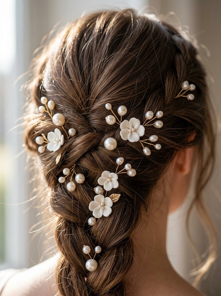 Close-up back view of a woman with braided brown hair decorated with elegant porcelain flower and pearl pins.