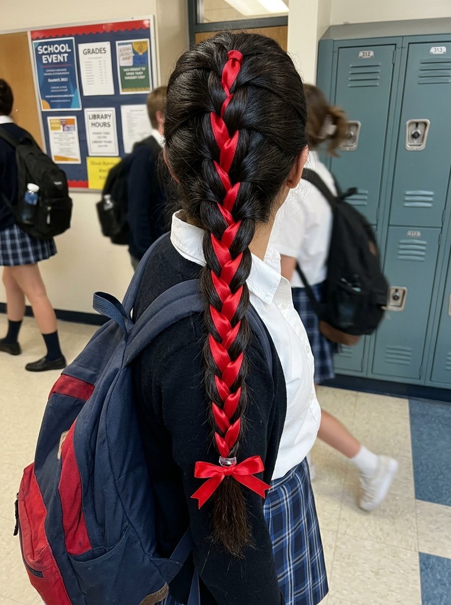 Close-up view of a student's dark hair styled in a braid woven with a vibrant red ribbon in a school hallway.
