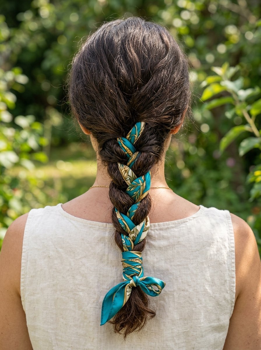 Close-up back view of a woman with a silk accessory woven through her braided dark hair outdoors.