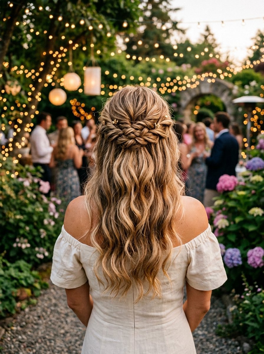 Rear view of a woman with long blonde wavy hair styled in a half-up braid at an outdoor garden reception.