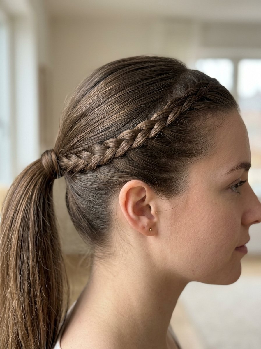 Close up of a woman showing her hair styled in a smooth ponytail with a French braid integrated along the hairline.