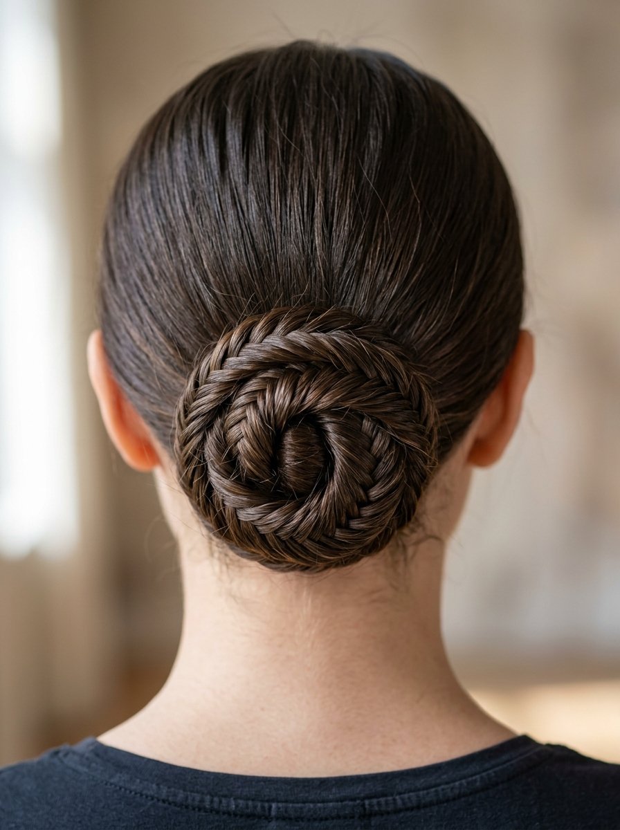 Back view of a woman with brown hair styled into a neat circular braid bun.