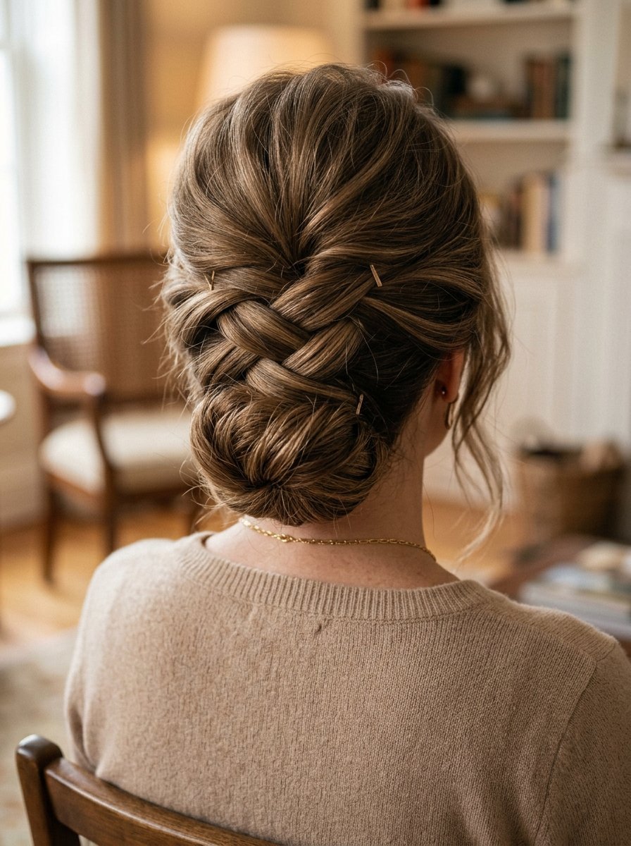 Woman wearing a sophisticated braided updo hairstyle with gold hair pins.