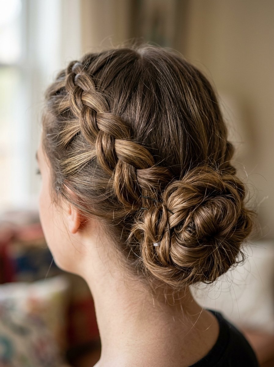 Rear view of a person wearing an intricate French braided updo hairstyle with a messy bun.