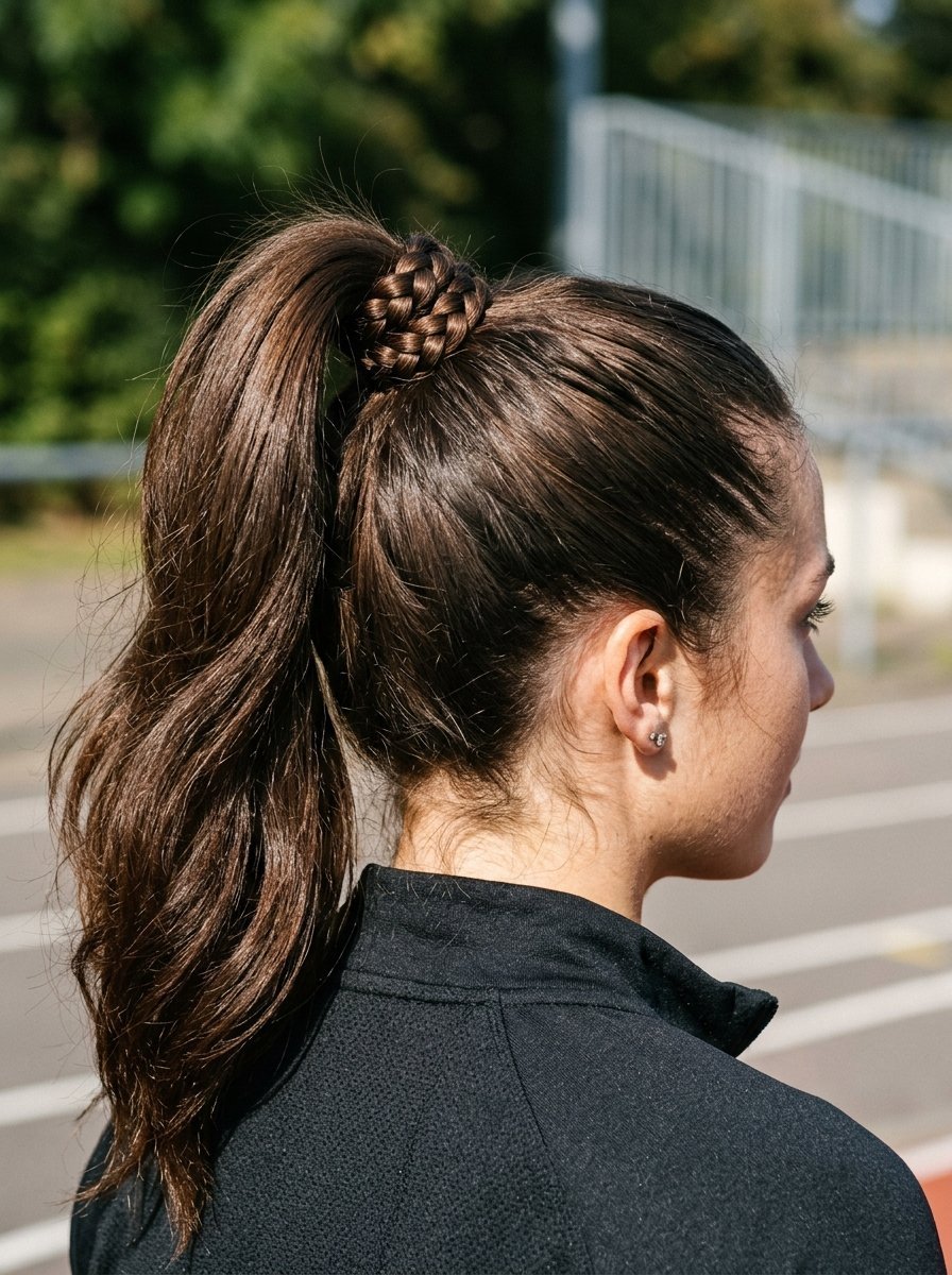 Close up view of a woman wearing a high brown ponytail with a braided hair wrap detail.