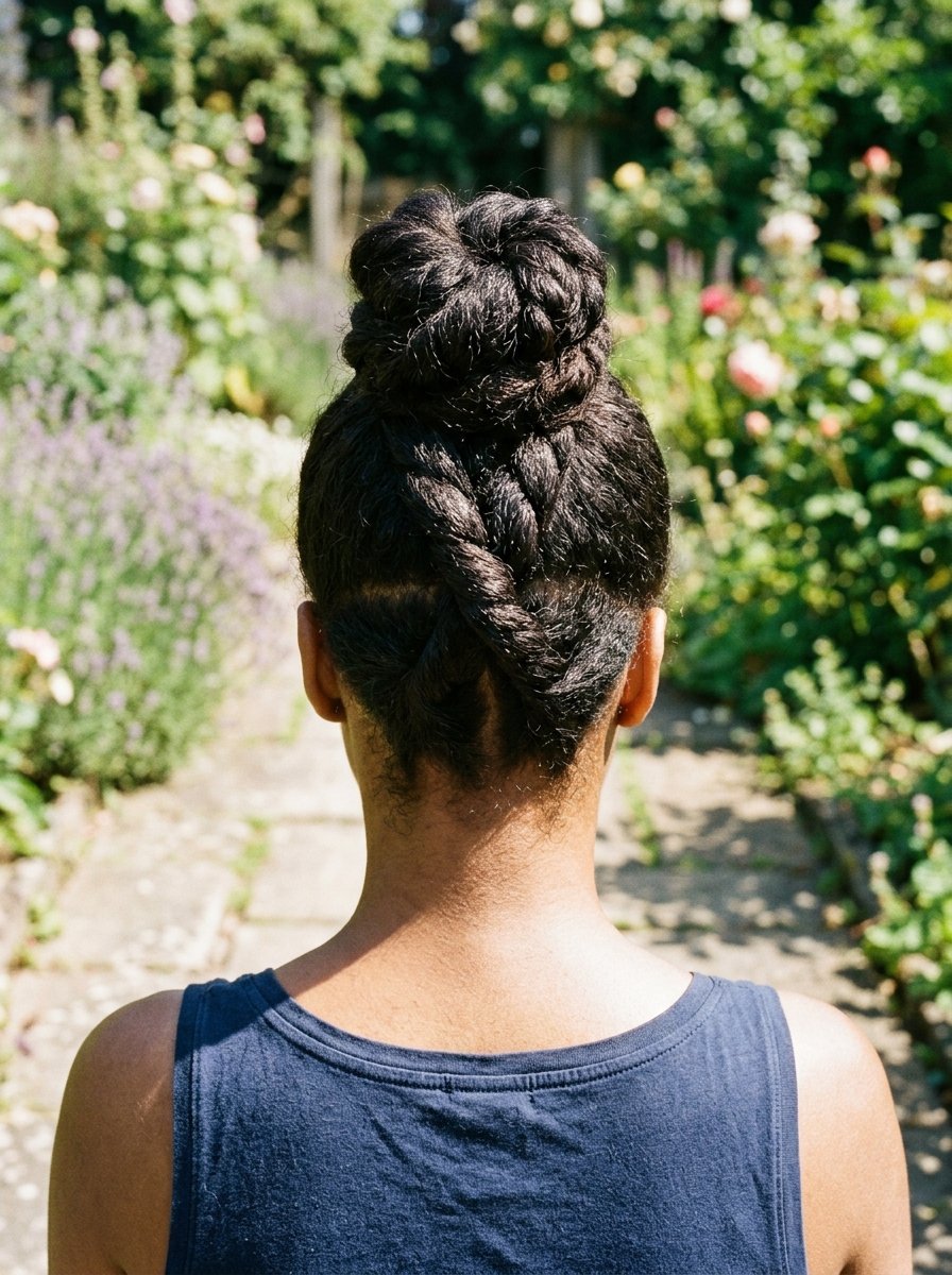 Back view of a person with dark hair styled in a twisted bun with a braid leading up from the nape.