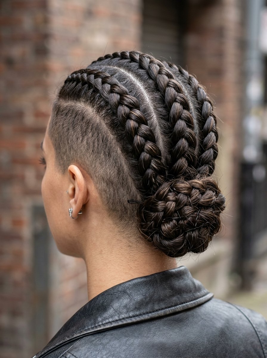 Close-up back view of a woman with an undercut hairstyle and three thick braids leading into a knotted low bun.