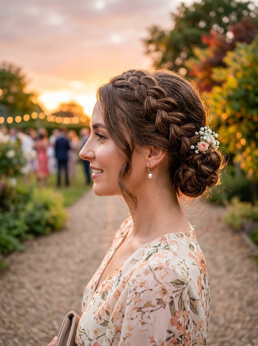 Side profile of a woman with a braided hairstyle decorated with small pink flowers at an outdoor evening reception.