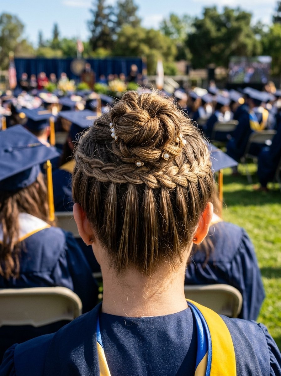Back view of a graduate with an intricate braided hairstyle featuring pearl accents at an outdoor ceremony.