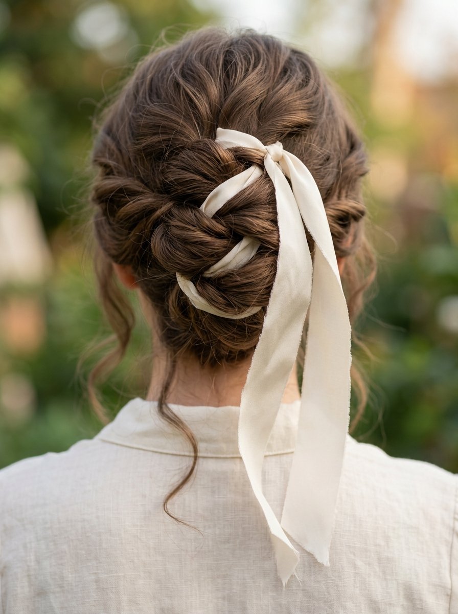 Back view of a woman with brunette hair styled in an intricate braided updo accented with a long, soft cream ribbon.