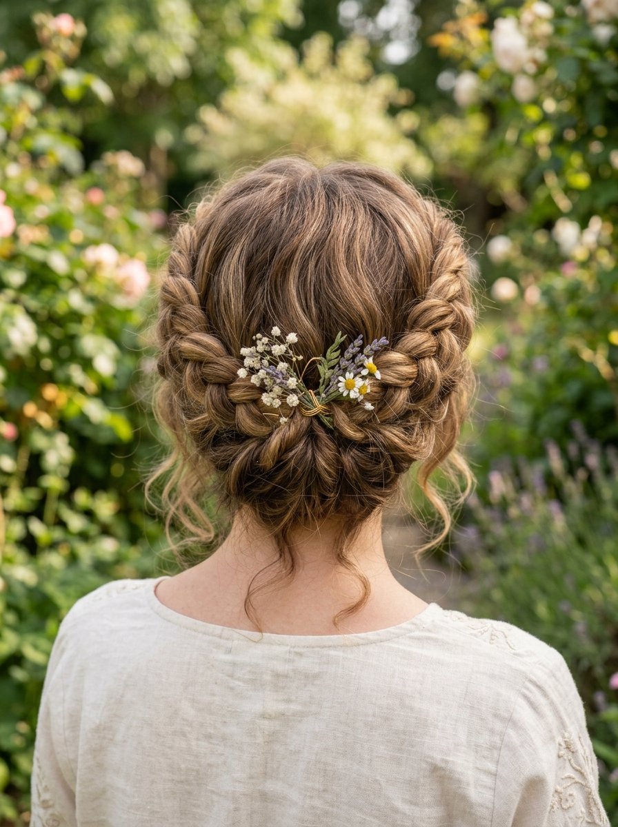 Back view of a woman with braided hair featuring tiny chamomile, lavender, and baby's breath floral pins.