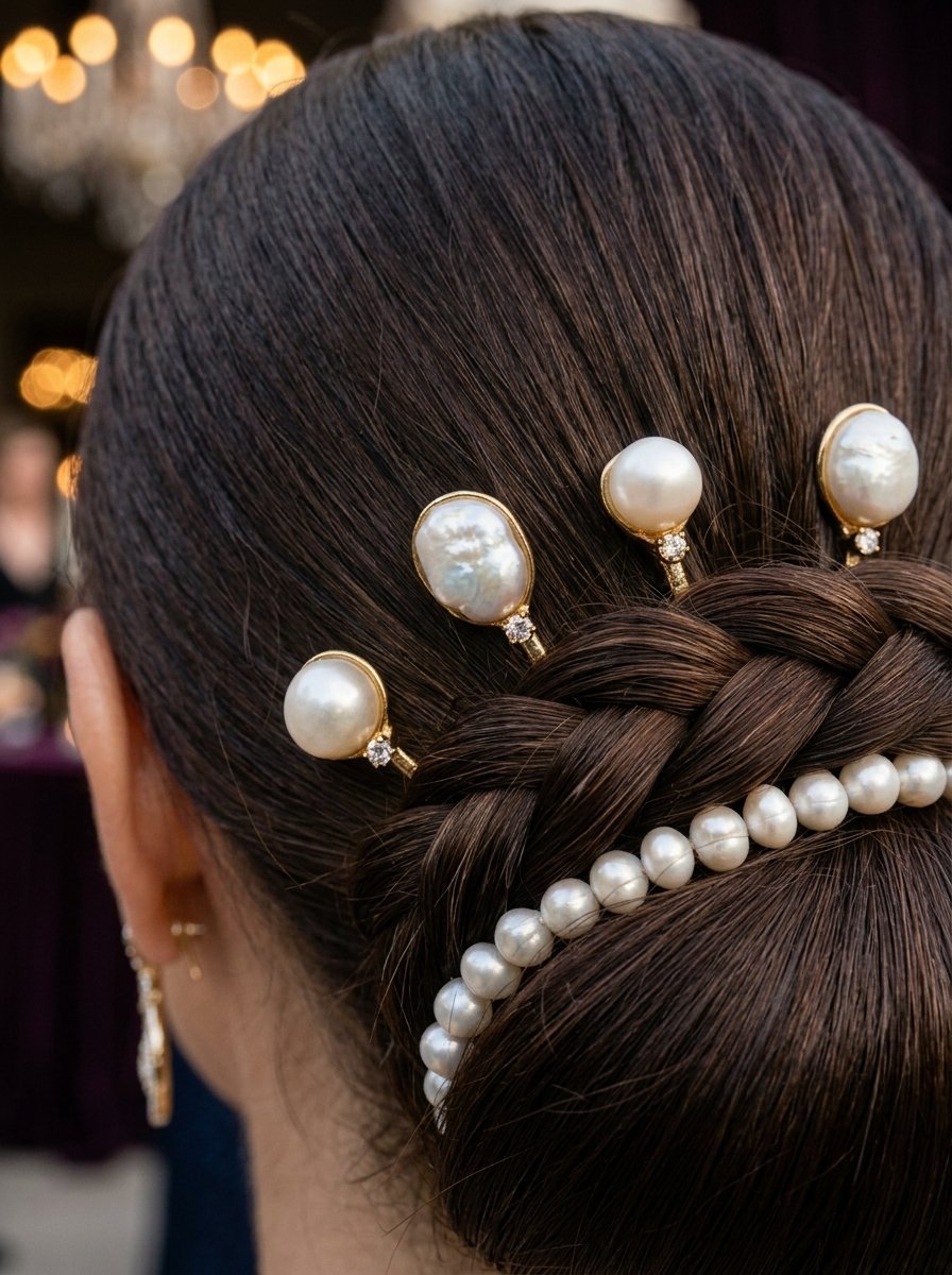 Close-up of a dark-haired woman with a braided bun accented by rows of pearl hairpins and gold jewelry.