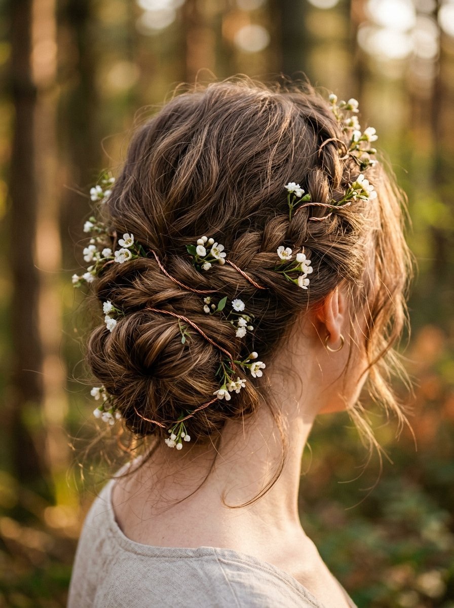 Woman with brunette hair in a messy braided bun adorned with tiny white flowers and copper wire in a forest setting.