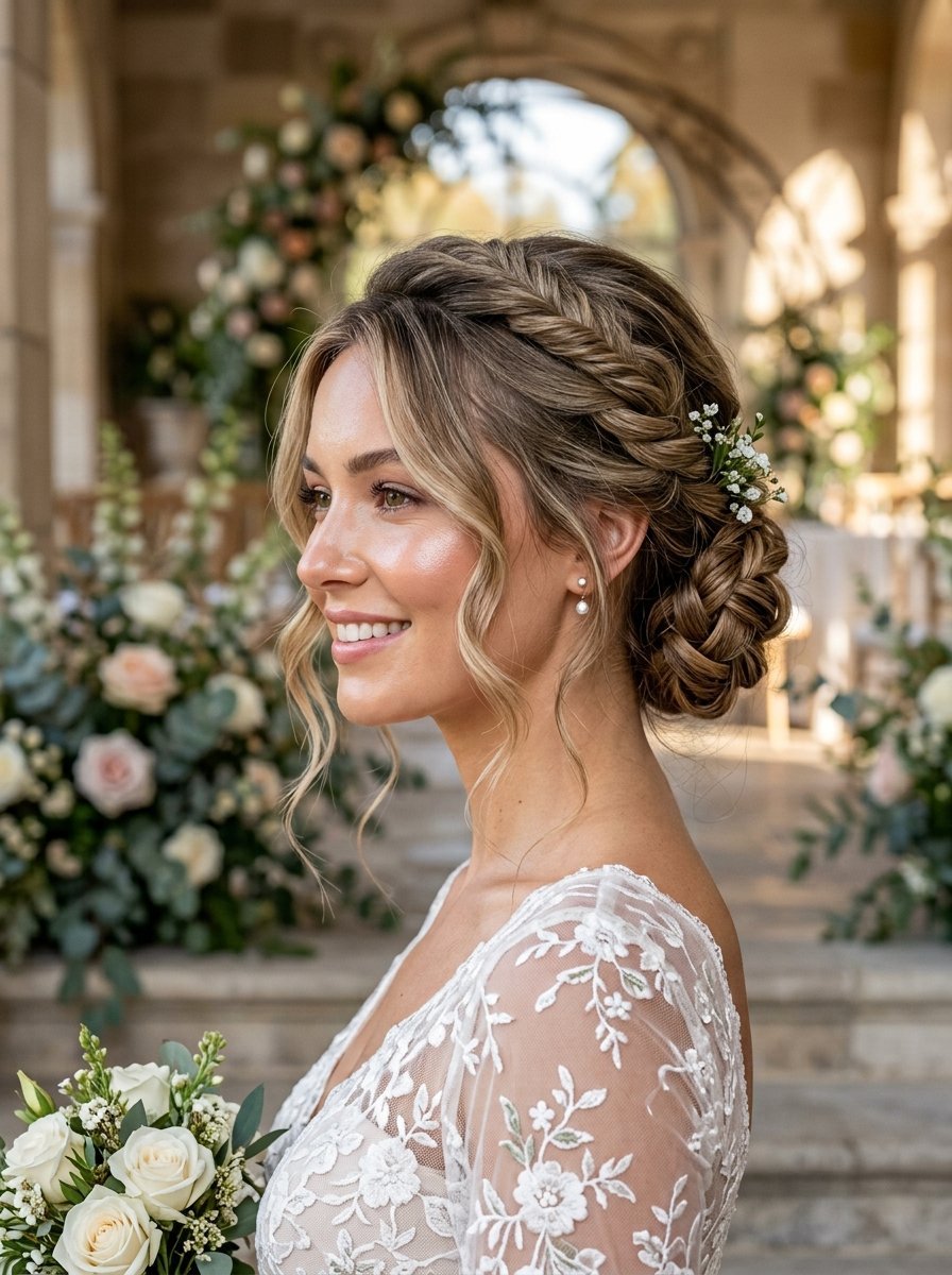Profile view of a smiling bride with a fishtail braided hairstyle adorned with tiny white flowers.
