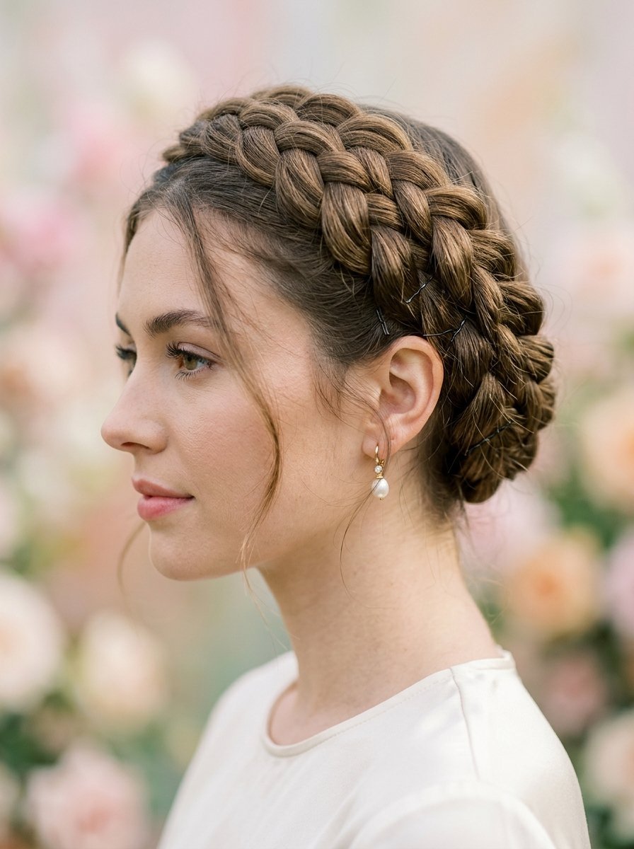 Close-up profile of a woman with a thick braided updo and soft face-framing hair against a floral background.