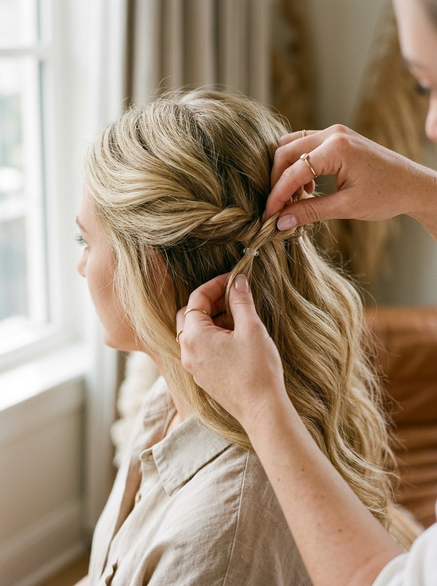 Stylist hands pinning a section of blonde wavy hair with a small clear elastic near a bright window.