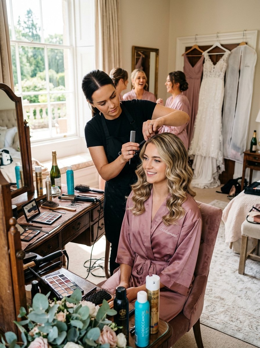Professional stylist working on a smiling bride's blonde wavy hair in a sunlit room with bridesmaids in the background.