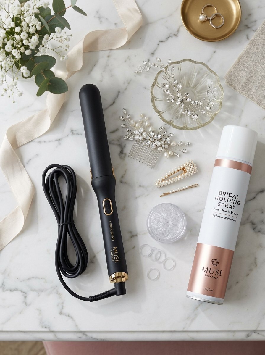 A flat lay of a curling iron, bridal hairspray, crystal hair combs, and pearl clips on a marble tabletop.