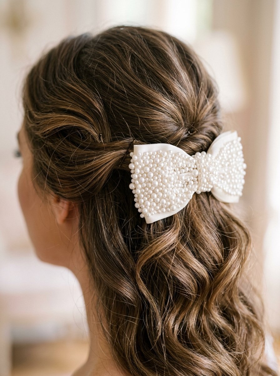 Close-up of a woman with wavy hair styled in a half-up look secured with a white bow covered in pearls.