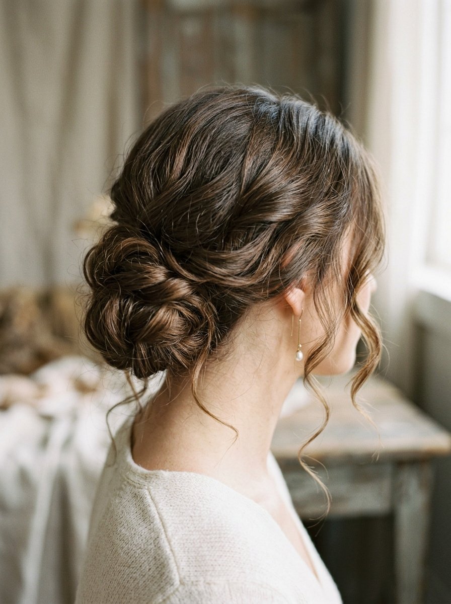 A woman with wavy brown hair styled in an intricate low bun wearing delicate gold pearl drop earrings.