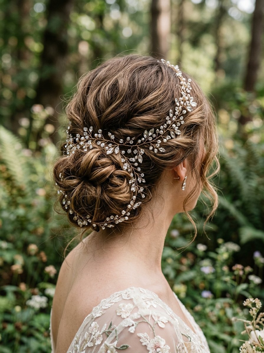 Close up of a bride with a braided low bun hairstyle accessorized with a sparkling floral crystal hair piece.
