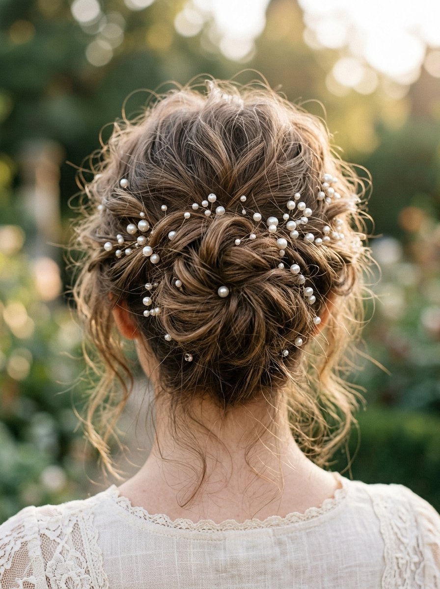Close-up back view of a woman with a messy bun hairstyle decorated with multiple small white pearl accessories.