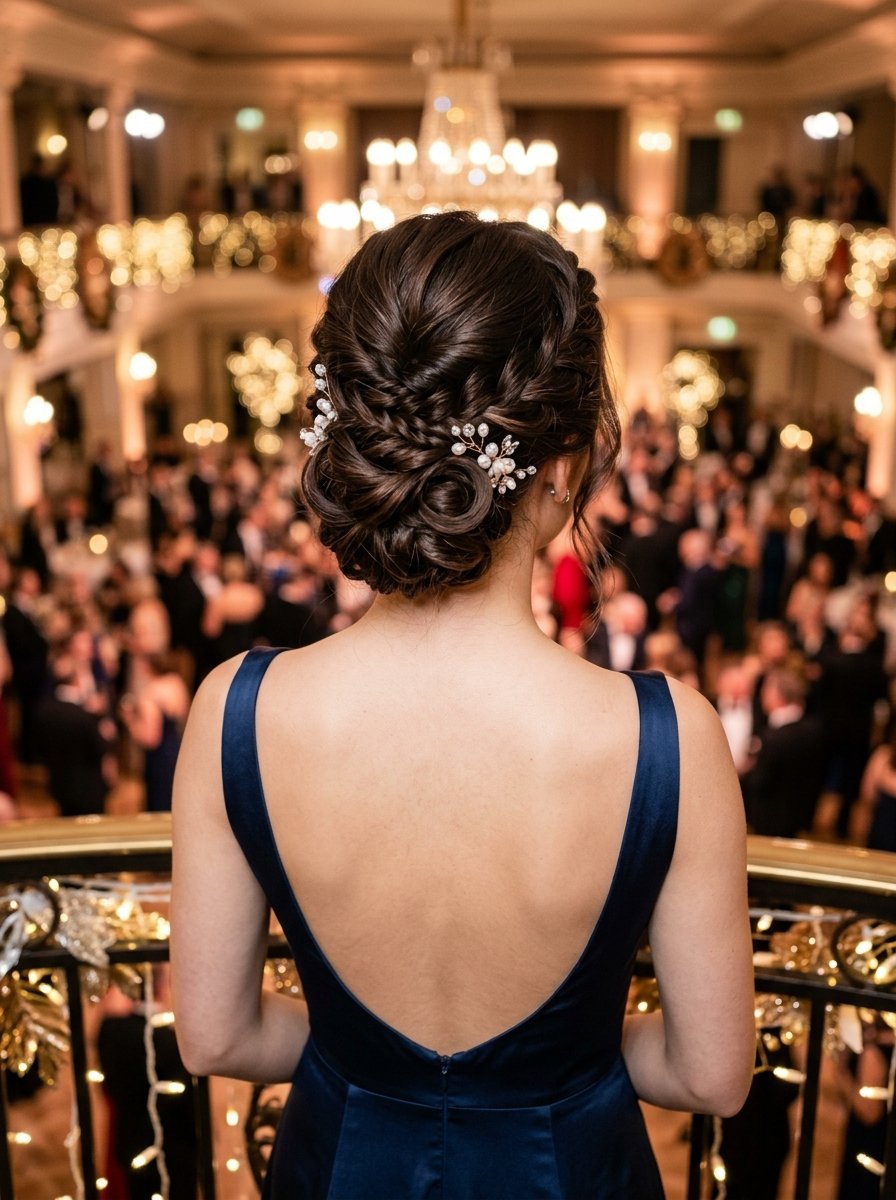 Back view of a woman with an intricate braided bun and pearl hair pins overlooking a formal party with chandeliers.