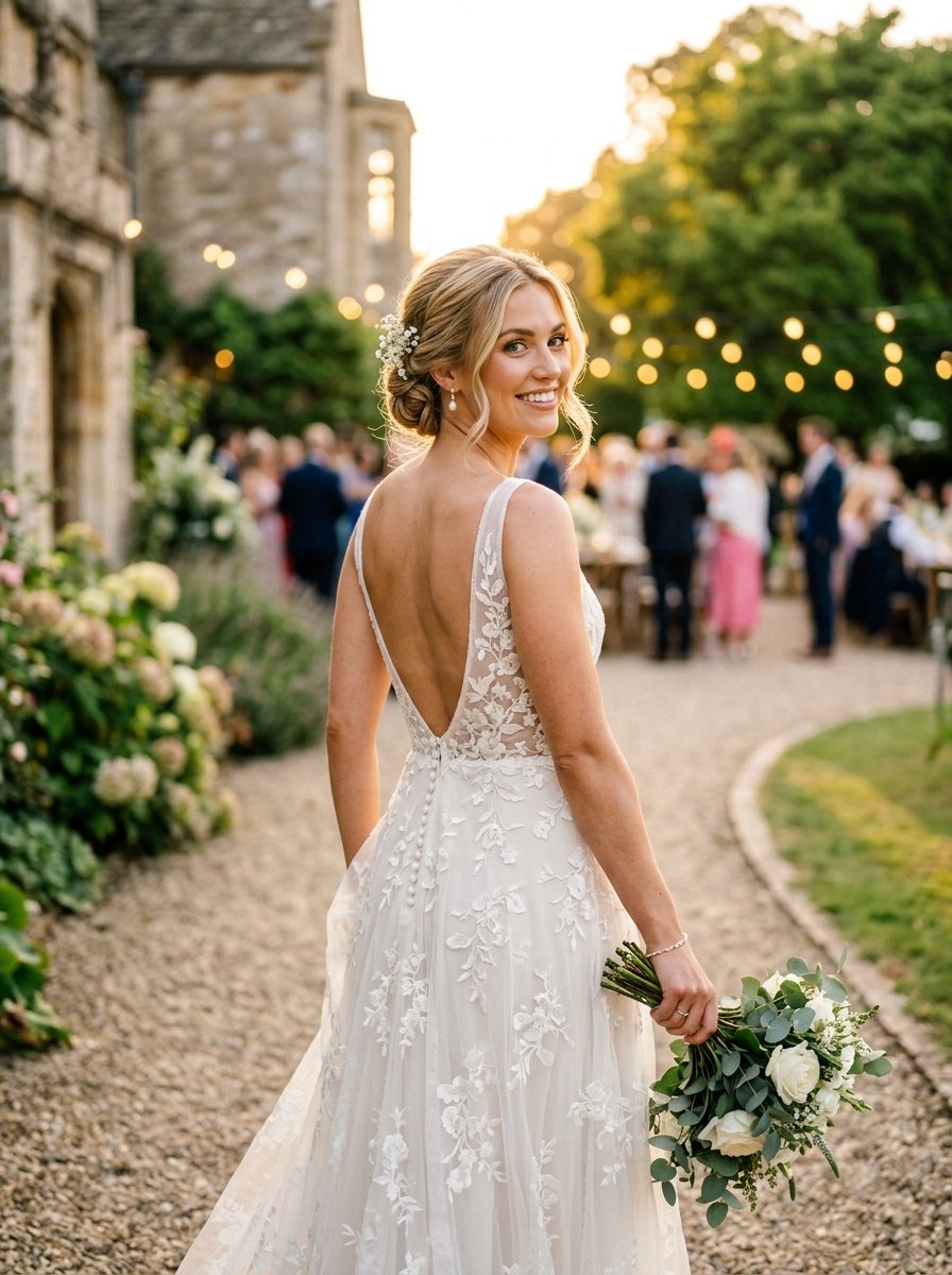 A smiling bride in a floral lace gown stands on a gravel path at an outdoor evening wedding reception.