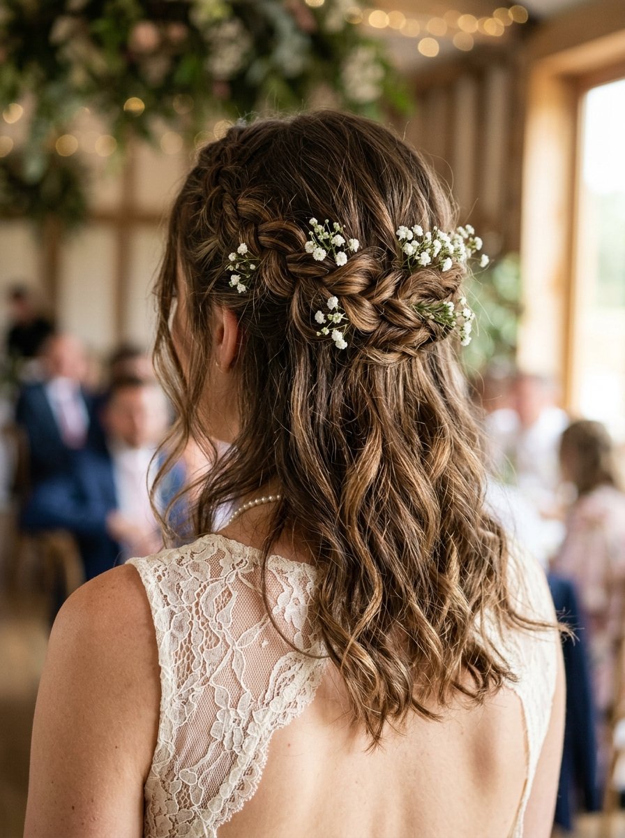 Back view of a bride with wavy hair, an intricate crown braid, and sprigs of baby's breath flowers.