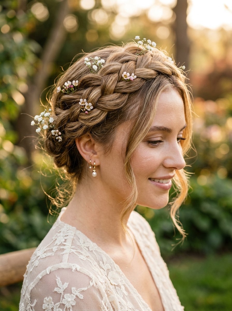 Close up profile of a woman with braided hair adorned with delicate white and pink blossoms in an outdoor setting.