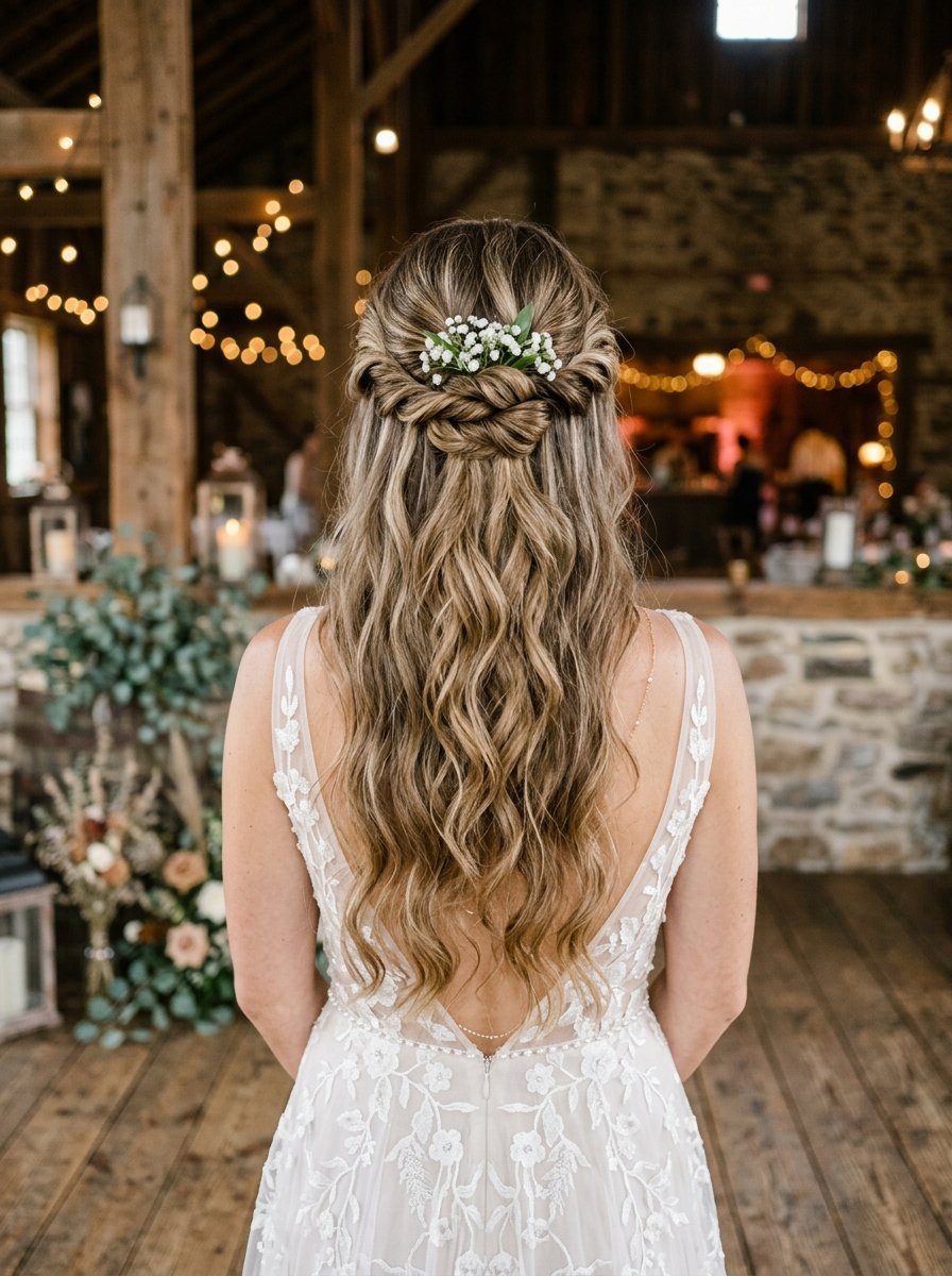Back view of a woman in a wedding dress with wavy hair, a braided half-up style, and small white floral accents.