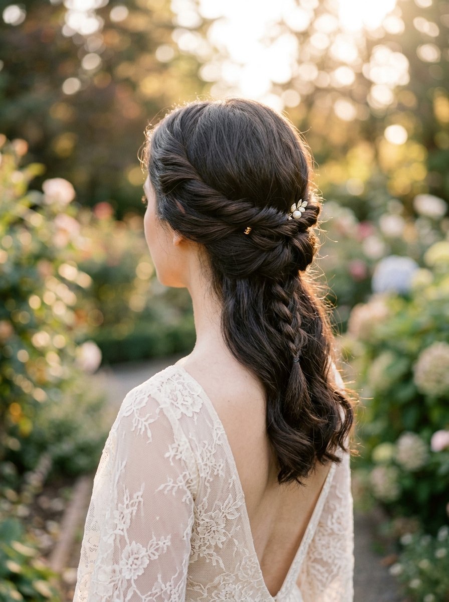 Back view of a bride with dark hair in a twisted braided half-up style wearing a lace dress in a garden.
