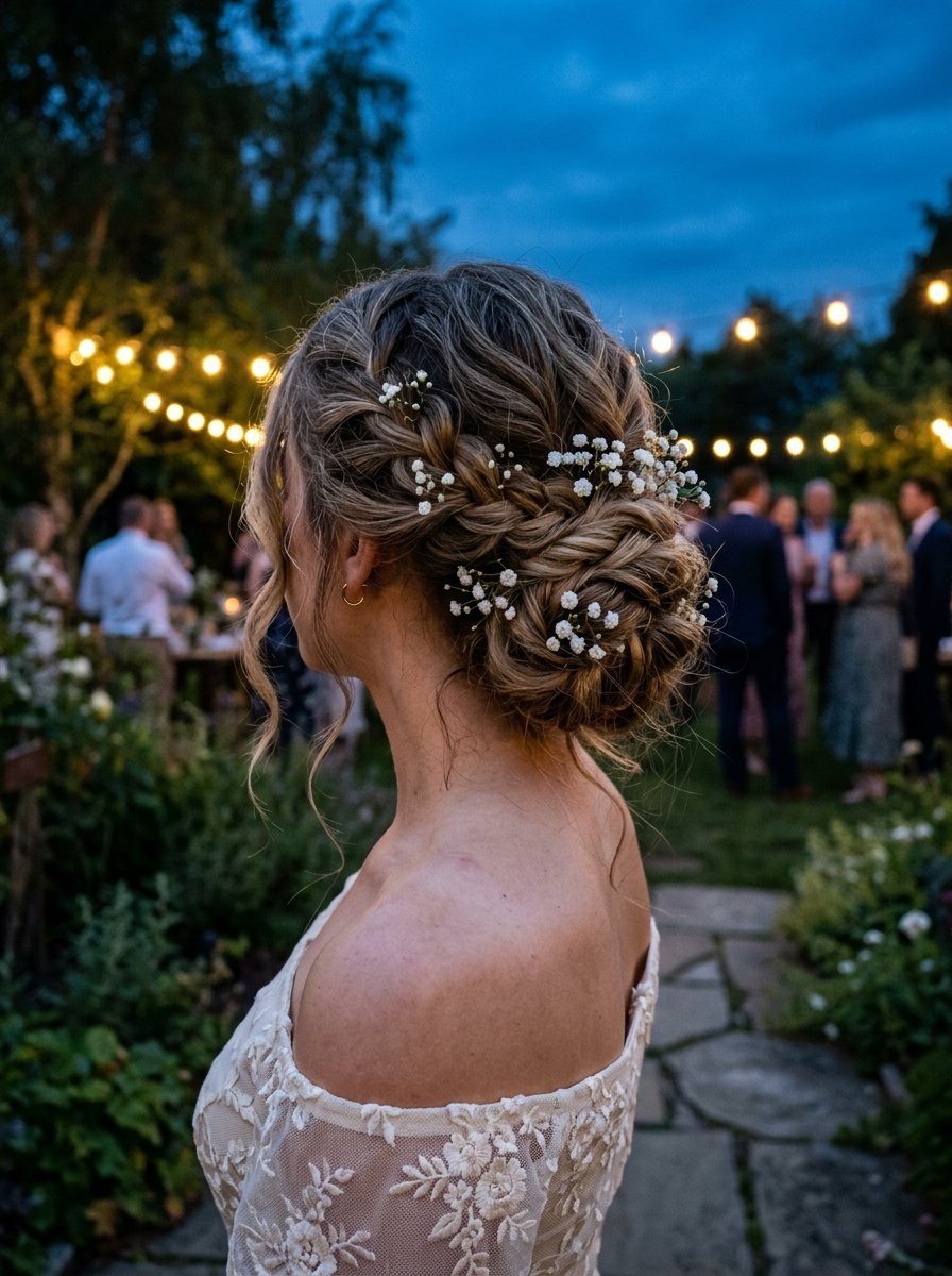 Close-up profile of a bride showing a complex braided hairstyle decorated with sprigs of white baby's breath.