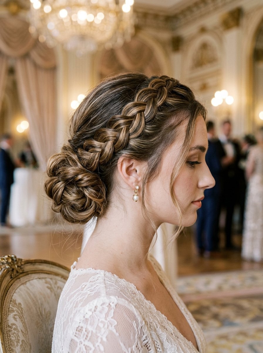 Side profile view of a bride with a brown braided hair crown and low bun wearing pearl earrings.