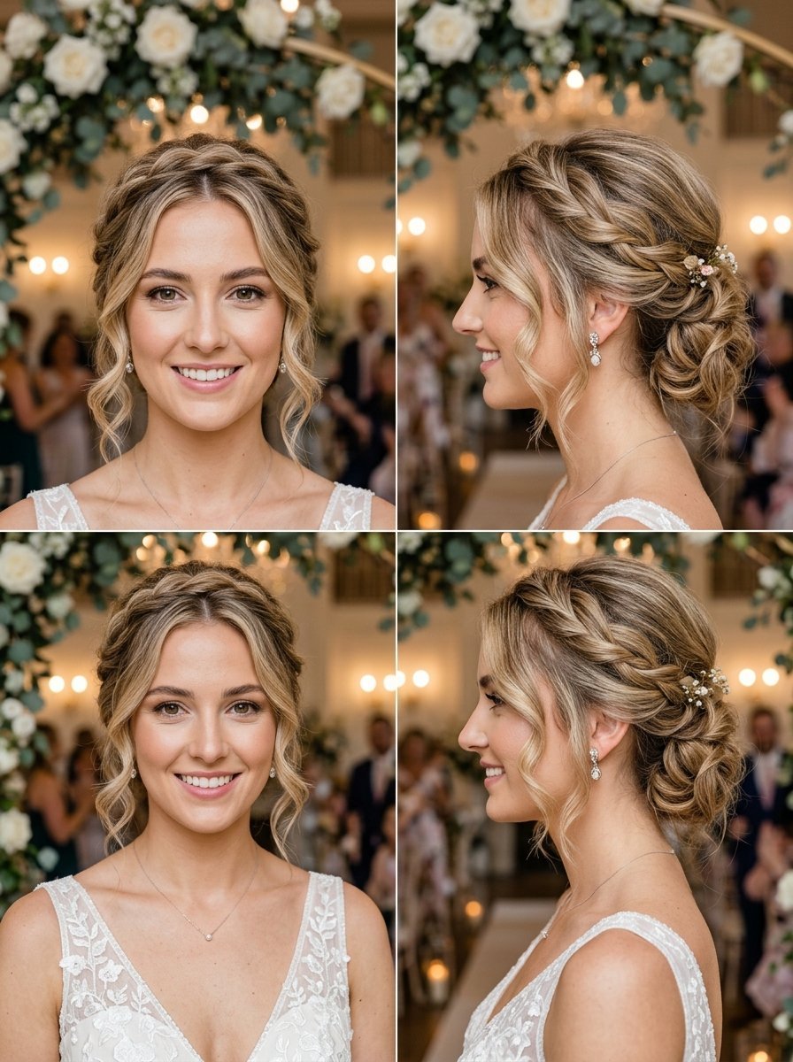 Close-up views of a smiling woman with a blonde braided updo hairstyle and delicate drop earrings.